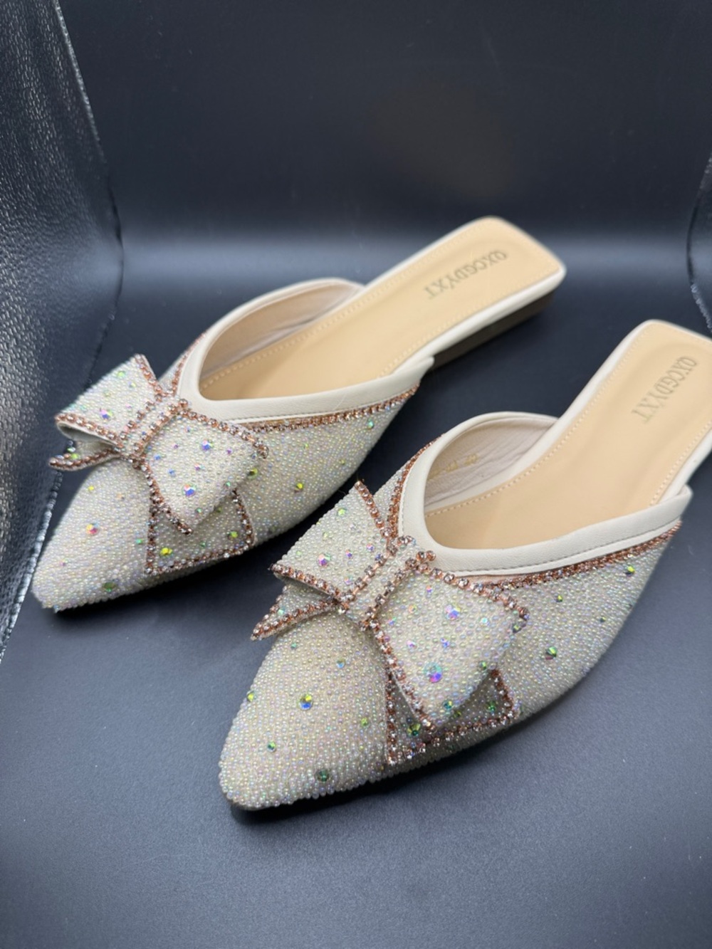 Elegant Crystal Beaded Pointed Toe Mules with Bow- Cream with rose gold accents